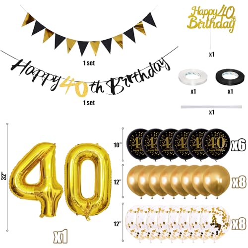 Image of Jobkoo 40th Birthday Decorations for Men, Black Gold 40th Birthday Balloons Black Happy 40th Banner 40th Cake Topper Number 40 Foil Balloon for Women 40 Year Old Party Decor