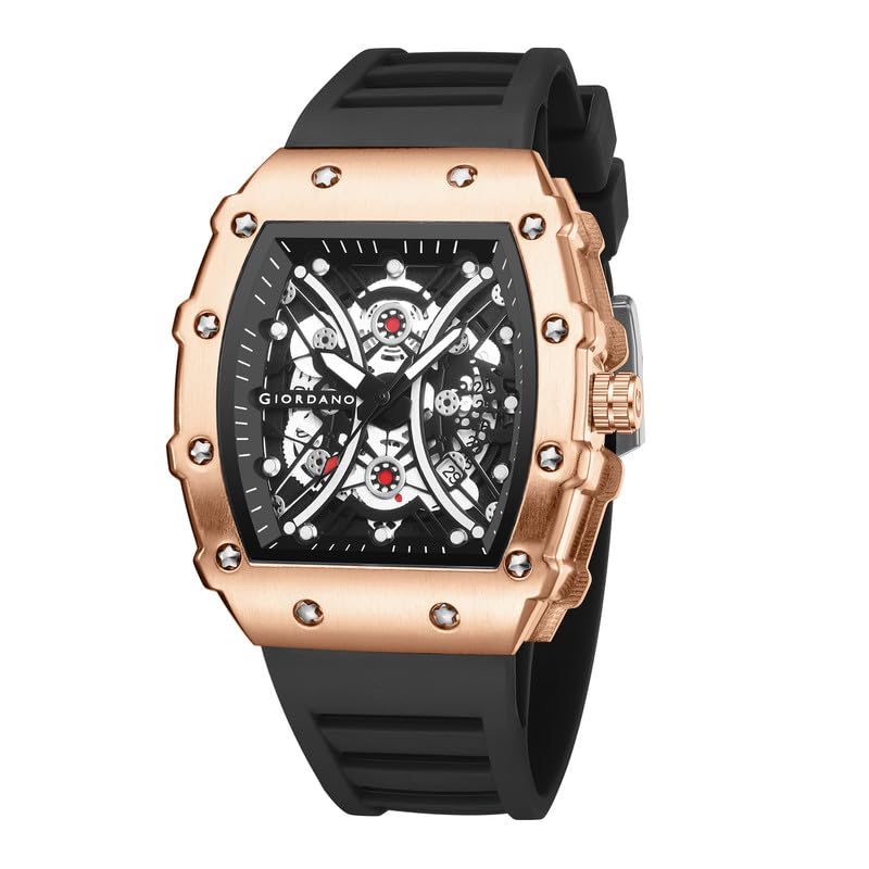 Image of Giordano Analog Square Watch for Men with Skeleton Design, Rugged Textured Case, Luminous Hands, and Silicone Strap