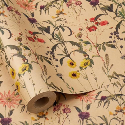 woric Geschenkpapierrolle Wildblumen 43cm x 15m Kraftpapier Geschenkpapier Geburtstag Geschenkpapierrolle für Geburtstag Hochzeit Party Babyparty