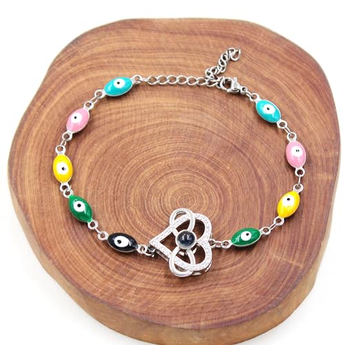 Image of 100 Languages I Love You Projection Heart Charm Evil Eye Chain Bracelet Adjustable Good Luck Jewelry Valentine's Day Anniversary Birthday Protection Gift for Women Mom Wife