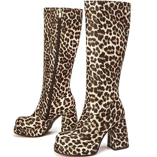 Seborluys Women Animal Print Knee High Gogo Boots Platform Chunky Heel Long Boots With Zipper2
