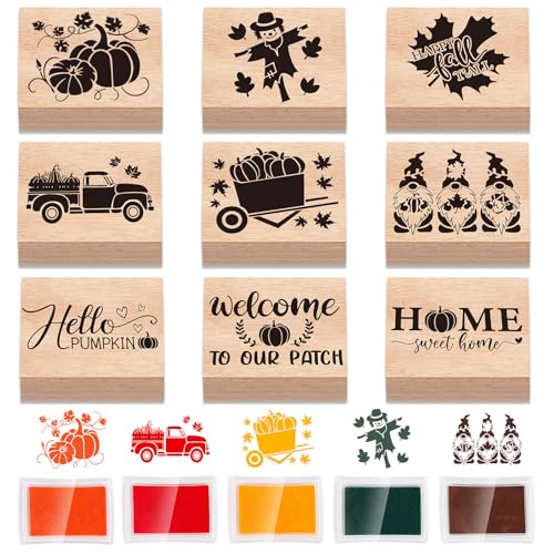 Whaline 9 Pcs Fall Wooden Rubber Stamps with 5 Colors Ink Pads Autumn Pumpkin Gnome DIY Craft Stamps for Thanksgiving Party Decor Scrapbooking Cards Making