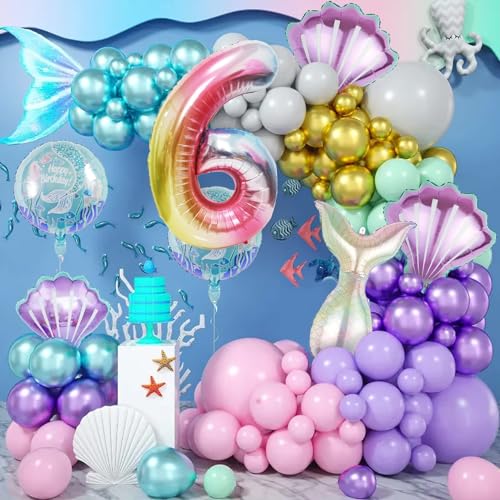 Image of Mermaid Birthday Decorations Mermaid Balloons - Number 6 Balloons for Girls Under The Sea Mermaid Theme Baby Shower Birthday Favors