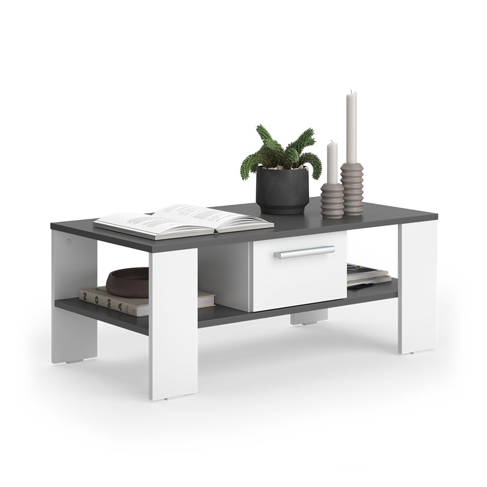 Vicco Couchtisch Wilmut, Anthrazit/Weiß, 89.8 x 46.4 cm | mit Schublade, Ablagefläche für Zeitschriften und Fernbedienungen