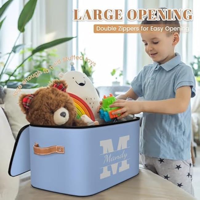 Custom Storage Basket with Name, Personalized Storage Bins with Zipper Lid, Foldable Fabric Storage Box Large capacity with Handle Blue