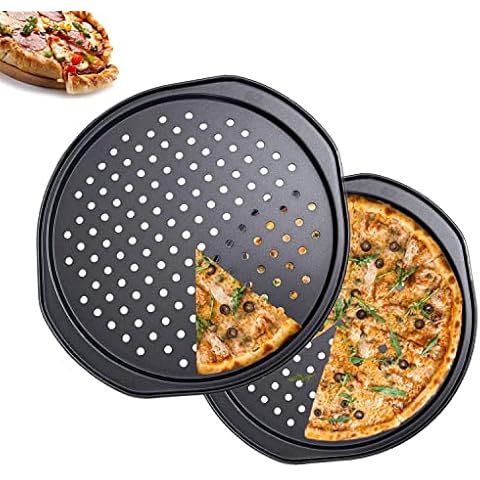 AZKEEGREY 2 Pack 14 inch Pizza Trays for Oven Non Stick with Holes,Carbon Steel Round Non-Stick Pizza Pan with Handle (Inside Diameter 30cm) Cover
