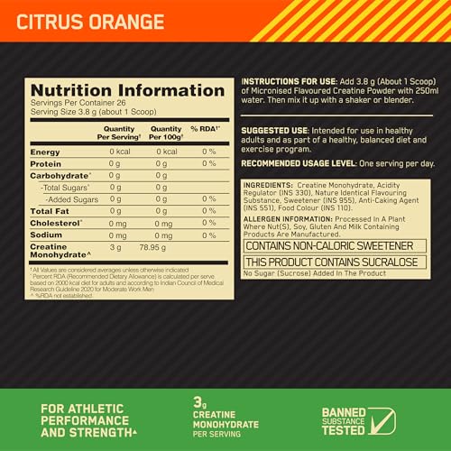 Image of Optimum Nutrition (ON) Micronized Creatine Powder - 100 Gram, 26 Serves, Citrus Orange, 3g of 100% Micronised Creatine Monohydrate per serve, Supports Athletic Performance & Strength