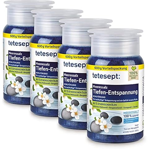 tetesept Sea Salt Deep Relaxation Bath - Health Bath for a Feel of Inner Peace with 5 Essential Oils - Soothing Bath Additive with Natural Sea Salt - 4 x 600 g Cover