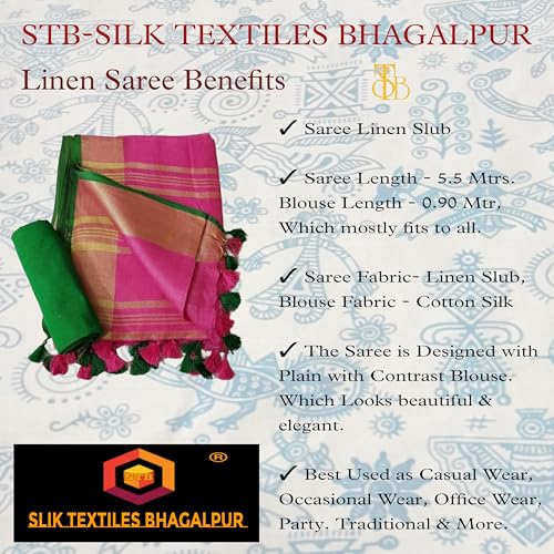 Image of STB-SILK TEXTILES BHAGALPUR Women's Linen Slub Saree With Contrast Blouse Piece