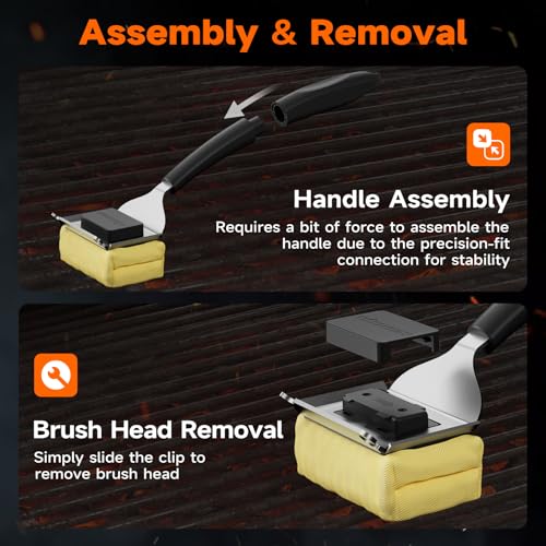 Image of Bristle-Free Grill Brush with Heat-Resistant Kevlar Fiber Head, Black | Steam Cleaning, Replaceable No-Wire Head, 17 inch Handle, 4-in-1 Scraper, for Porcelain /Ceramic /Stainless Steel /Cast Iron Grate