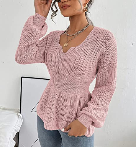 Image of Veatzaer Womens V Neck Sweaters Fall Trendy Casual Long Lantern Sleeve Ribbed Knit Pullover Sweater Tops
