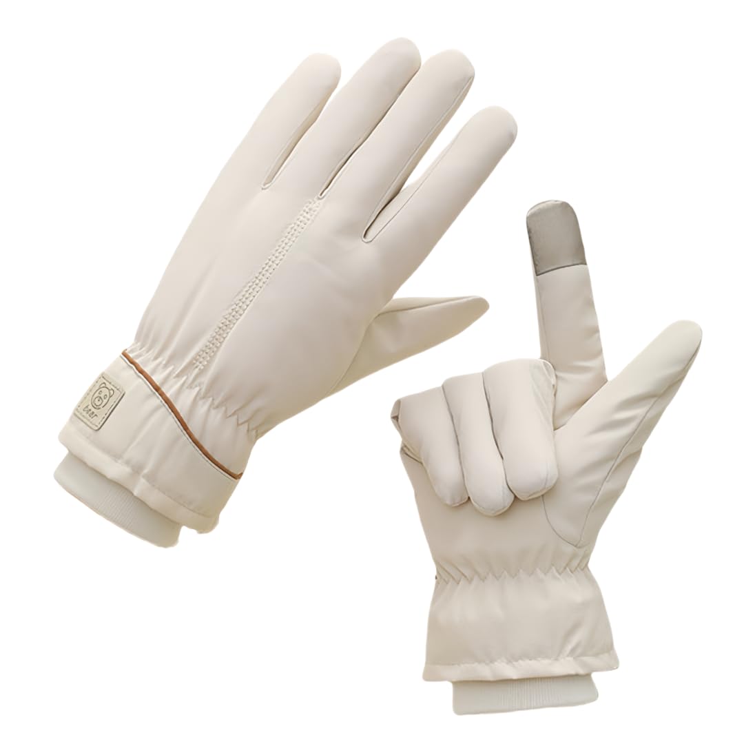 YISENJEE Winter Gloves For Women Women'S Winter Bear Head Pattern Warm Thickened Skiing Fleece Waterproof Touchscreen Full Finger Gloves - Beige