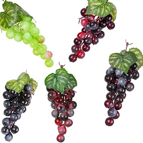 5 Pack Assorted Colour Artificial Grapes Clusters Decorative Grapes in Black Purple Red Green Agate Crystal Grape Bundles for Vintage Wedding Party Sukkot Fruit Props( 24Grains 6.5 Inches Long)
