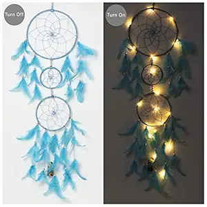 ILU Dream Catcher with Lights, Wall Hangings, Crafts, Home D cor, Handmade for Bedroom, Balcony, Garden, Party, Caf , Decoration, Wedding, Decorative, Blue Feathers (17 cm Diameter)