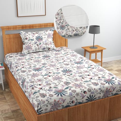 Image of Blue Strip 220TC Glace Cotton Elastic Fitted Floral Bedsheets Single Bed with 1 Pillow Cover | Single Bed with All Around Elastic, Size 42 X 75 Inches (Scorpio), Small Single, Multicolor