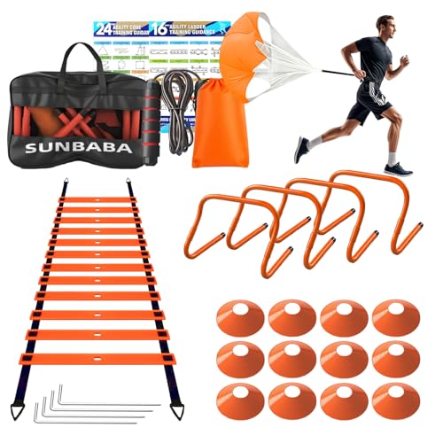 SUNBABA Agility Ladder Speed Training Equipment Set with 20ft Agility Ladder,4 Hurdles,12 Cones,Jump Rope,Running Parachute-Ideal Training Equipment for Kids Youth Adults in Soccer Football Basketball