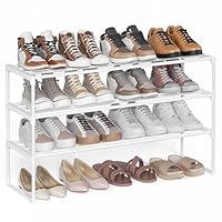 SONGMICS 3-Tier Shoe Rack, Shoe Storage Organiser, Metal Storage Rack, Upright or Upside Down, Fits 16 to 20 Pairs, Stackable, for Hallway, 30 x 92 x 55 cm, Pearl White LSA303W03