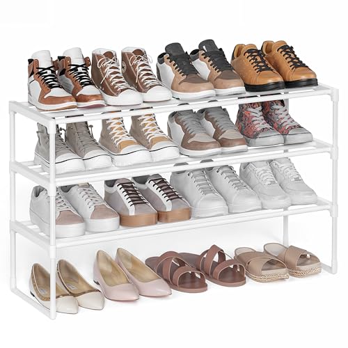 SONGMICS 3-Tier Shoe Rack, Shoe Storage Organiser, Metal Storage Rack, Upright or Upside Down, Fits 16 to 20 Pairs, Stackable, for Hallway, 30 x 92 x 55 cm, Pearl White LSA303W03