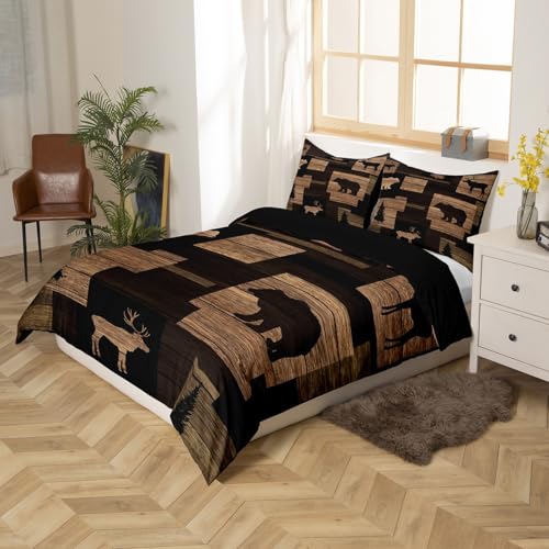 Erosebridal Rustic Farmhouse Duvet Cover Queen,Moose Lodge Bedding Set With Patchwork Of Grizzly Bears And Buffalo Plaid Check,Vintage Wooden Hunting Animal Comforter Cover With 2 Pillowcases thumb #2