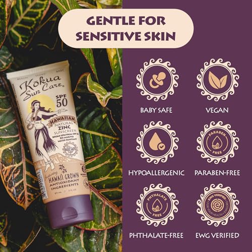 Image of Kokua Sun Care Hawaiian Sunscreen Reef Safe SPF 50 | 3 oz | Zinc Oxide | Mineral Sunscreen | Face & Body | Moisturizing Sun Protection | Water Resistant | Chemical Free | Natural Ingredients