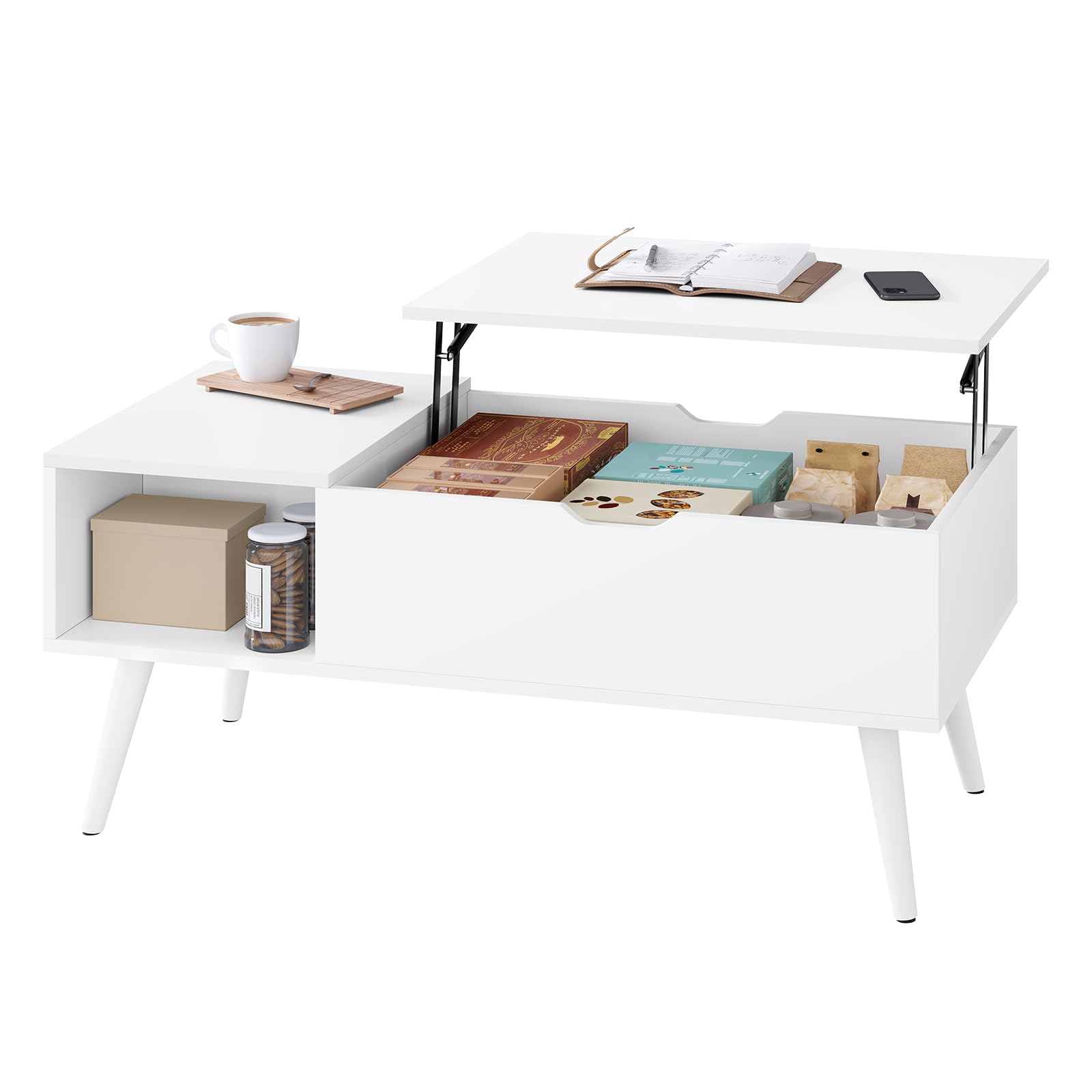 WOLTU Mesa Centro Elevable, Mesita Salon con Espacio Interno y Compartimento Abierto, Mesa de Salón Elevable y Extensible, Mesilla Auxiliar Multifuncional, 100x50x(43-57) cm, Blanco, BTS26ws