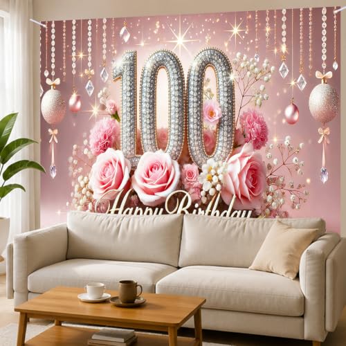 Image of Nuxovilar 100th Birthday Banner - Elegant Pink & Gold Floral Backdrop