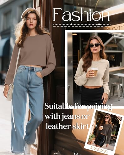 Ficerd 3 Pack Cotton Cropped Long Sleeve Tops for Women Loose Fit Crew Neck Drop Shoulder Crop T Shirts Basic Tee3