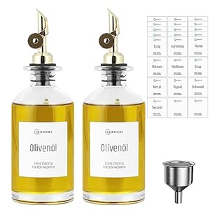 DUNSOO Set olijfolieflessen, 2 x fles van 350 ml, automatisch openen en sluiten, voor olijfolie en azijn, set met 24 stickers en trechter (goud, 350 ml)