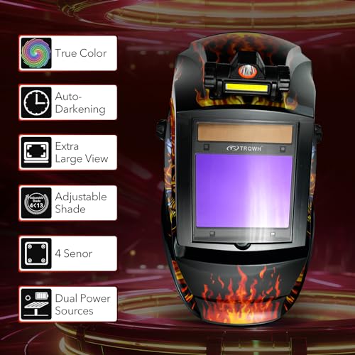 Image of TRQWH Welding Helmet Auto Darkening Large Viewing True Color Solar Powered Welding Mask with 4 Arc Sensor Adjustable Wide Shade Range 4~5-8 /9-13 Welder Mask with Grinding