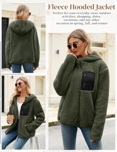 RITOSTA Fleecejacke Damen Winter Teddyjacke mit Kapuze Teddyfleece Kapuzenpullover Warme Herbstjacke Winterjacke Sherpa Damen-Jacken Zipper Hoodie Mantel Outdoor Plüschjacke mit Taschen(Grün,M)
