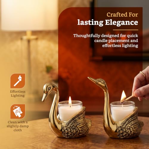 Image of Amazon Brand - Solimo Aluminium Pair of Swans Candle Holder Showpiece | Gold Finish | Feng Shui Home Decor for Living Room, Table & Puja | Good Luck Gift (Candles Not Included)