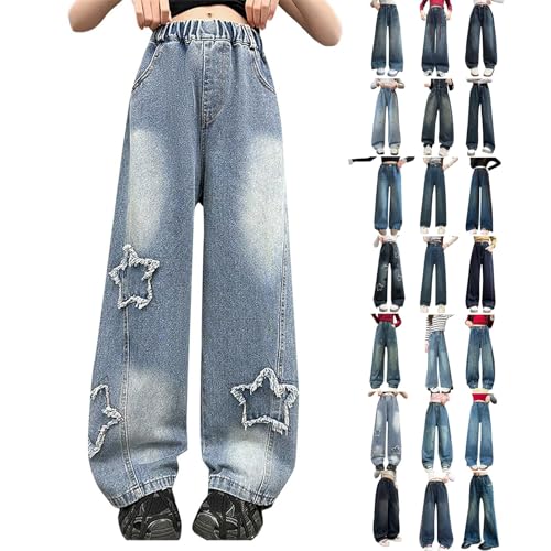 Girls Jeans Baggy Star Heart Wide Leg Denim Pants Cute Elastic Waist Vintage Trousers Trendy Breathable Y2k Streetwear