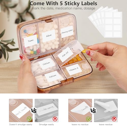Image of FYY Weekly Pill Organizer with Labels,8 Compartments Travel Daily Pill Case Airtight Moistureproof Large Pill Box to Hold Vitamins, Fish Oil, Supplements,Cotton Swab and Bandages-Brown