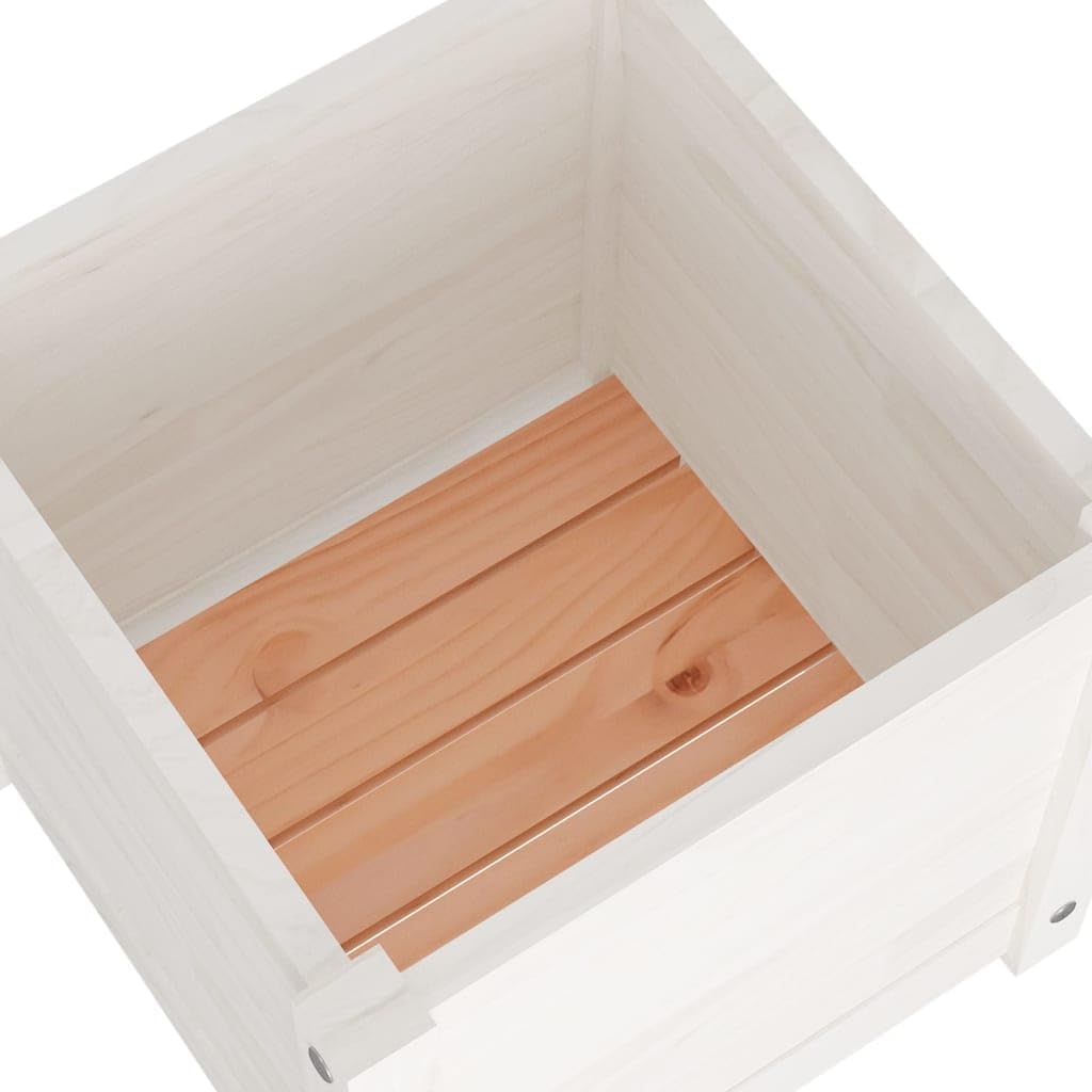 Set of 2 White Square Solid Pine Wood Planter Boxes 15.7 x 15.7 x 15.7 in with Drainage Holes, Durable Raised Garden Beds for Outdoor Patio Balcony Conservatory and Indoor Use