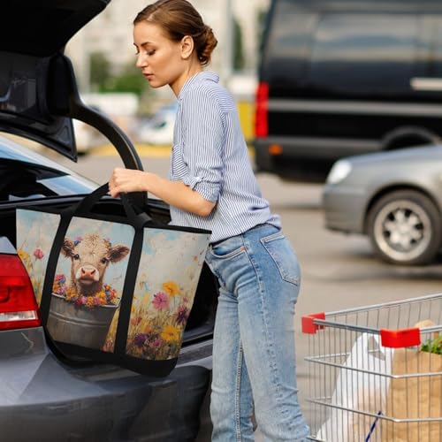 Cow Cute Art Colors Large Insulated Tote Bag for Grocery Shopping Reusable Tote Bags for Women Men, Cooler Bag with Zippered Top & Handles for Beach Picnic Travel4