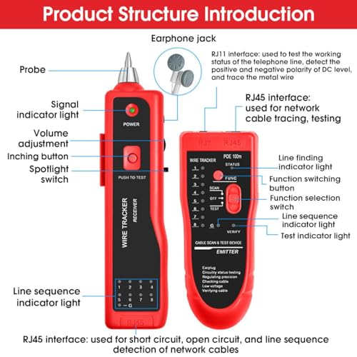 Image of COOLCOLD Lan Tester | Ethernet Wire Tracker | Network Cable Tester | RJ11 RJ45 CAT5 /5e CAT6 LAN Wire Portable Line Finder for Miss Wiring Disorder Cable Open and Short Circuit Testing (Red)