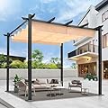10‘x10’ Louvered Pergola, Retractable with Sun Shade Canopy Patio Pergola, Heavy Duty Aluminum Pergolas for Gardens, Pavilion Grill Gazebo, Backyards and Decks, Grape Trellis (Khaki)