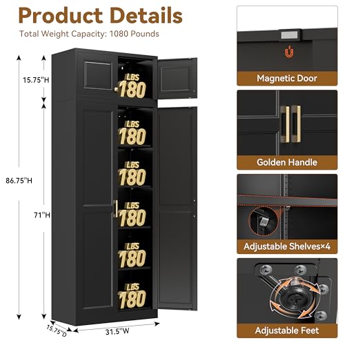 Image of Polup Kitchen Pantry Cabinet, 86 Inch Tall Metal Storage Cabinet, Large Pantry cabinets with Doors and Shelves, Black Storage Cabinets for Garage, Living, Dining, Office, Bathroom, Assembly Required