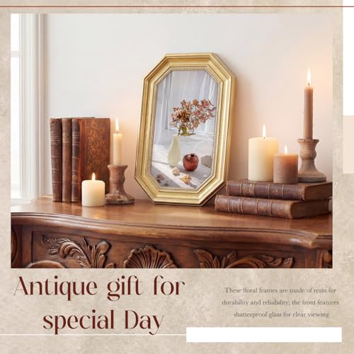 Image of Wonderjune 7x9 Inch Vintage Gold Picture Frame, Carved Resin Antique Ornate Frame for Tabletop or Wall Hanging Display, Victorian Baroque Home Decor(Octagon)