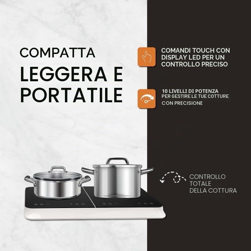 Piastra a induzione portatile con 2 luci BELDEKO – 3500 W – Design Premium, affidabile e robusto, timer, tasti touch, anti-trabocco, 10 livelli di potenza