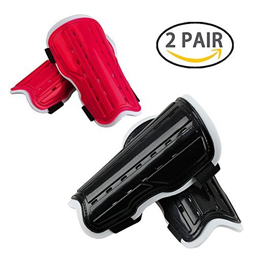 2 Pair Youth Soccer Shin Guards, Kids Soccer Shin Pads Board， Lightweight and Breathable Child Calf Protective Gear Soccer Equipment for 5-12 Years Old Boys Girls Children Teenagers (Black&Red)