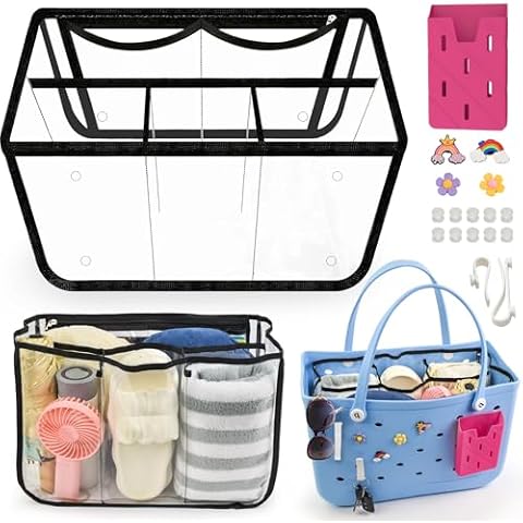 【New Upgrade】 Clear Beach Bag Organizer Accessories Set for Bogg Bag X Large, Waterproof Divider Insert Suitable for Bogg Bag, with Silicone Phone Holder & Charms, Organizing Your Bag and Divide Space Cover