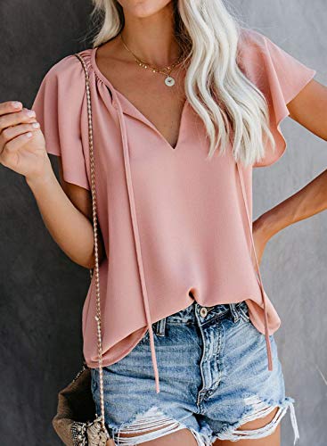 Dokotoo Summer Shirt for Women V Neck Henley Solid Short Sleeve Chiffon T Shirts Flowy Bohemian Tops Tunic Blouses 2025 Small Pink - Thumbnail 2