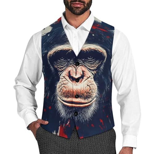 British Flag Monkey Suit Vest for Men Waistcoat Dressy V Neck Button Down Sleeveless Business Jacket Coat