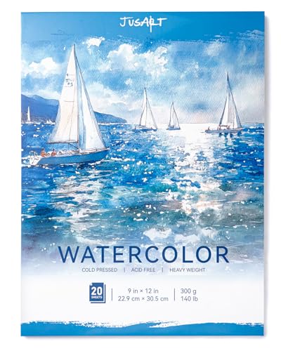Jusart Watercolor Paper Pad 9x12 300gsm/140lb Cold Press Water Color Paper Acid-Free for Wet & Dry Media Watercolor Gouache & Sketching 20 Sheets Perfect for Students and Artists