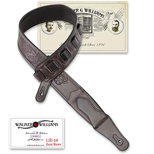 Walker & ‿Williams LIE-14 Sangle rembourrée pour guitare Marron foncé avec outil en relief - Les Beatles, Paul McCartney, John Lennon, RIngo Starr, George Harrison Walker & ‿Williams LIE-14 Sangle rembourrée pour guitare Marron foncé avec outil en relief