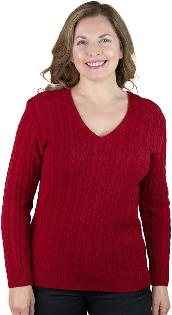 Fashion Friendly Women's Red V-Neck Cable Jumper - M