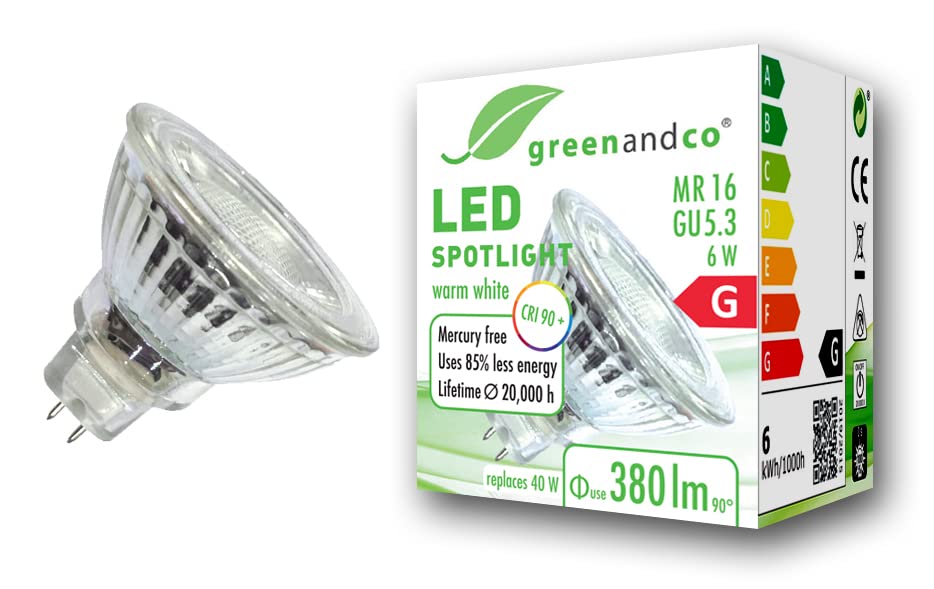 greenandco CRI 90+ MR16 GU5.3 LED Spot | 6W 380 lm | 3000K warmweiß | 36° | 12V AC/DC | nicht dimmbar