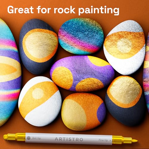 Image of ARTISTRO 12 Gold Dual-Tip Acrylic Paint Markers - Paint Pens Set with Dot & Fine Tips for Fabric, Rock, Glass, Wood, Coloring Books - Arts & Crafts Gift - Classroom Must Haves & School Supplies