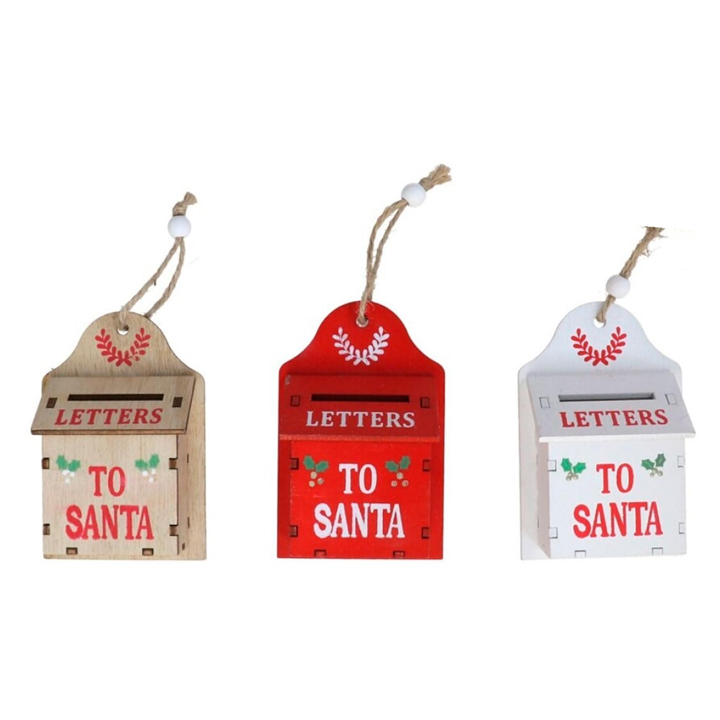 Acan Tradineur - Pack de 3 Buzones Colgantes de Navidad - Fabricado en Madera - Diseño de Carta a Santa Claus - Decoración Navideña - 10 x 6,5 cm - Color Aleatorio